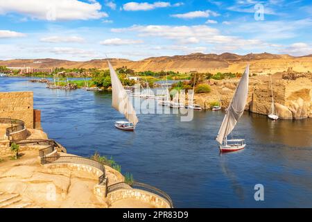 Il paesaggio del fiume Nilo e le tradizionali barche a vela, Assuan, Egitto Foto Stock
