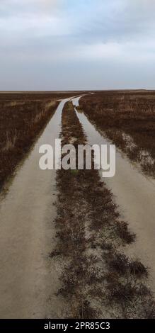 strada sterrata allagata sul campo Foto Stock