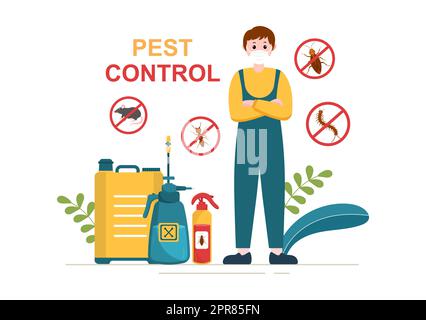 Pest Control Service con exterminator di insetti, spray e Casa igiene disinfezione in Cartoon Flat sfondo Illustrazione Foto Stock