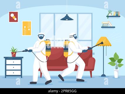 Pest Control Service con exterminator di insetti, spray e Casa igiene disinfezione in Cartoon Flat sfondo Illustrazione Foto Stock