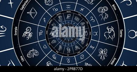 Sfondo astrologico con segni zodiacali e simboli. Foto Stock