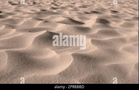 Grani di sabbia del deserto dalle dune su una spiaggia ventosa in natura con spazio coperto. Primo piano di paesaggi panoramici all'aperto con superficie ruvida e ondulata. Regione costiera da esplorare per viaggi e turismo Foto Stock