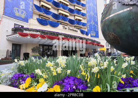 Il Dorchester Hotel on Park Lane è stato decorato per l'incoronazione di Kings Charles III il 6th 2023 maggio a Londra, Regno Unito Foto Stock