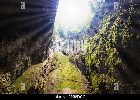 Macocha Gorge o Macocha Abyss. Buco nel sistema di grotte del Carso Moravo Punkva Foto Stock