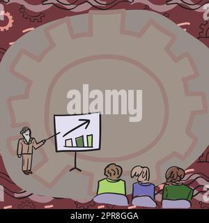 Membri del team che guardano alla lavagna per rappresentare la crescita delle nuove soluzioni per la vendita. Gruppo di colleghi che guarda il Board Thinking Problem Solving Skills contro Gear background. Illustrazione Vettoriale