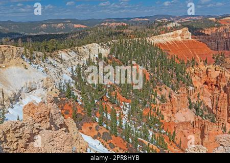 Neve primaverile nelle rocce rosse e nei pini Foto Stock