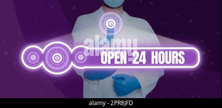 Cartello di scrittura a mano aperto 24 ore su 24. Foto concettuale che lavora tutto il giorno negozio di affari di tutti i giorni sempre operativo Dottore che preme con un dito sul segno e presenta idee nella barra di ricerca. Foto Stock