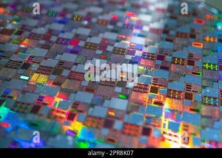 Wafer di silicio per la fabbricazione di semiconduttori di circuiti integrati. Foto Stock