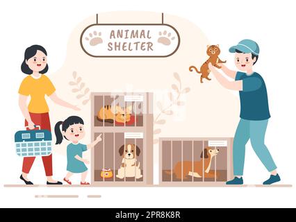 Illustrazione di Cartoon della mensola dell'animale con gli animali domestici che si siedono nelle gabbie e nei Volontarii che alimentano gli animali per adottare in disegno di stile di mano piatto Foto Stock