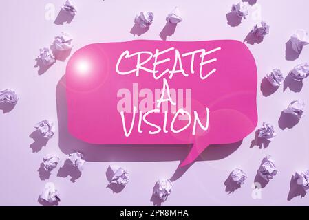 Visualizzazione concettuale Crea Una visione. Word Written on sviluppare una strategia mission motivation scopo per ottenere impacchi cartacei posizionati intorno a Speech Bubble with Important Information. Foto Stock