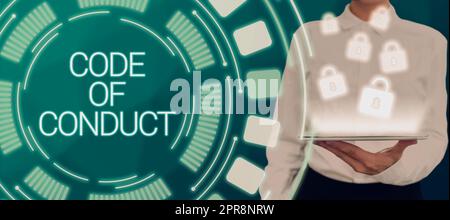 Codice di condotta firmato a mano. Concetto significato etica regole codici morali principi etici i valori rispettano Smart Man avere tablet in mano e presentare la tecnologia intelligente Foto Stock