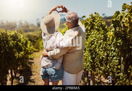 Vista posteriore di una coppia anziana sconosciuta che fa segno a forma di cuore e simbolo gesto della mano e abbraccia la fattoria. Agricoltori caucasici che si uniscono, legano e abbracciano i vigneti. Marito e moglie anziani Foto Stock