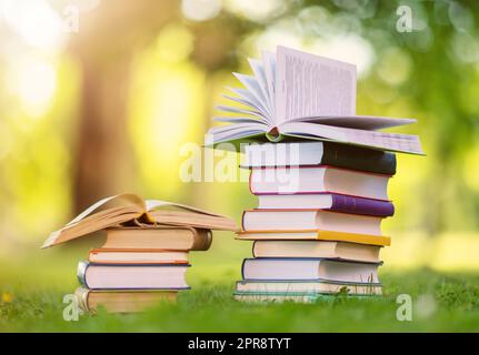 Pile di libri diversi sono sul verde erba nel parco Foto Stock