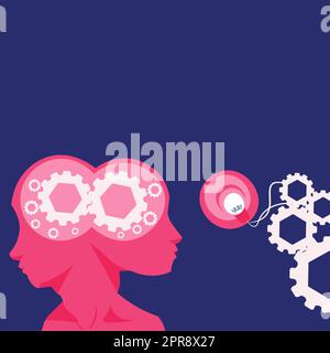 Due teste con ruote dentate che mostrano idee tecnologiche. Gears in Brain Symbols Design visualizzazione di un'idea meccanica e tecnica. Illustrazione Vettoriale