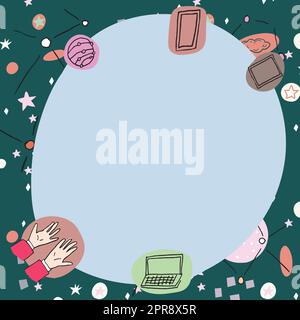 Poster in bianco decorato con simboli della tecnologia moderna. Cornice vuota circondata da un telefono cellulare multicolore portatile che rappresenta la scienza e la tecnologia. Illustrazione Vettoriale