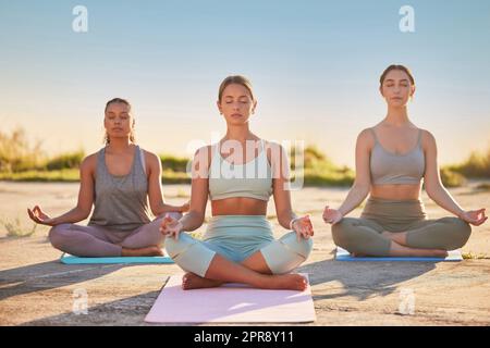 Donne yoga a lunghezza intera che meditano con le gambe incrociate per esercitarsi all'aperto in una natura remota. Gruppo eterogeneo di amici attivi e consapevoli che legano e bilanciano la salute mentale. Giovani concentrati sereni zen persone Foto Stock