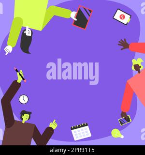 Tre colleghi che portano S decorazione delle applicazioni mobili definizione del lavoro di squadra. Partner simboli in attesa creazione di funzioni telefoniche che presentano lo sforzo combinato. Illustrazione Vettoriale