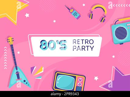 80s Party background Template Flat Cartoon Vector Illustration Foto Stock