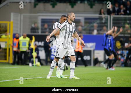 Milano, Italia. 26th Apr, 2023. Leonardo Bonucci della Juventus durante la semifinale della Coppa Italia seconda tappa, partita di calcio tra Juventus FC Internazionale FC il 26 aprile 2026 allo Stadio Giuseppe Meazza di San Siro, Milano. Credit: Nderim Kaceli/Alamy Live News Foto Stock