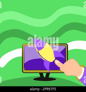 Immagine del lancio di Rocket Ship sullo schermo. Astronave che disegna volare alto con l'uomo che punta un dito al monitor. Illustrazione Vettoriale