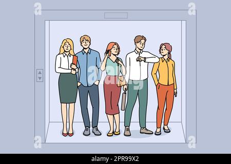 Gli uomini d'affari levigano insieme in ascensore. I dipendenti o i colleghi sono in attesa in ascensore in ufficio. Lavoro di squadra. Illustrazione vettoriale. Foto Stock