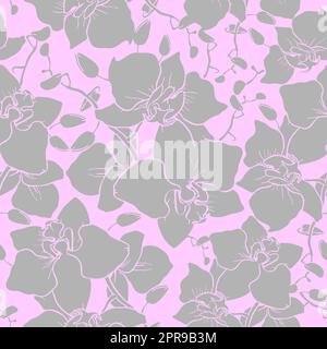 motivo senza cuciture di ampie silhouette grigie di orchidee su sfondo rosa, texture, design Foto Stock
