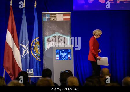 RIGA, LETTONIA. 26th aprile 2023. Inara Murniece, Ministro della Difesa della Lettonia, durante IL SIMPOSIO DI RESILIENZA della NATO 2023. Foto Stock