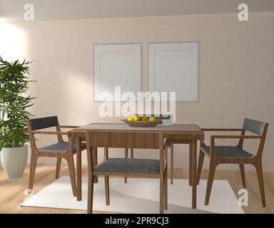 sala da pranzo. interno di tavolo in legno con decorazioni bianche e legno, mock up due cornici, 3d illustrazione, 3d rendering Foto Stock