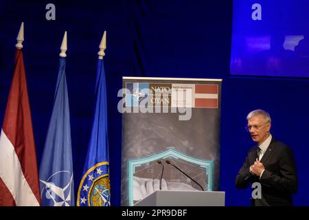 RIGA, LETTONIA. 26th aprile 2023. Krisjanis Karins, primo ministro della Lettonia, durante IL SIMPOSIO DI RESILIENZA della NATO 2023. Foto Stock