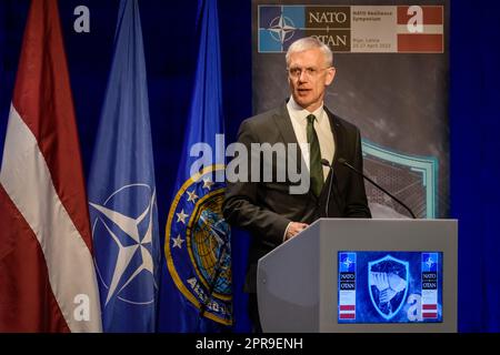 RIGA, LETTONIA. 26th aprile 2023. Krisjanis Karins, primo ministro della Lettonia, durante IL SIMPOSIO DI RESILIENZA della NATO 2023. Foto Stock