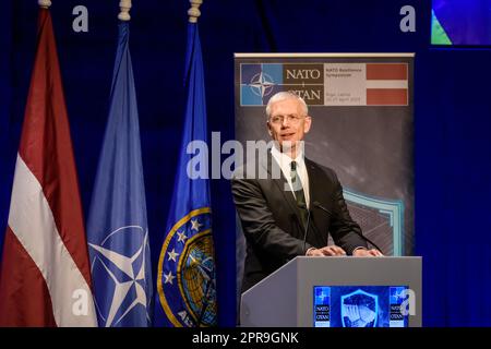 RIGA, LETTONIA. 26th aprile 2023. Krisjanis Karins, primo ministro della Lettonia, durante IL SIMPOSIO DI RESILIENZA della NATO 2023. Foto Stock