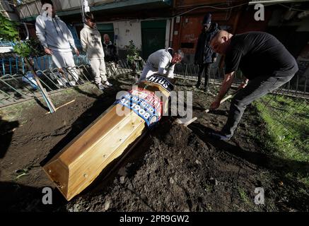 Napoli, Italia. 26th Apr, 2023. I tifosi eseguono un funerale fittizio scavando la tomba per una bara adornata con le sciarpe delle squadre di calcio FC Inter, FC Juventus e AC Milan all'esterno di un fan club SSC Napoli. Mentre Napoli potrebbe vincere la Serie A campionato di calcio già domenica prossima, i preparativi per le celebrazioni sono in pieno svolgimento in città. Credit: Independent Photo Agency/Alamy Live News Foto Stock