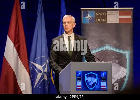 RIGA, LETTONIA. 26th aprile 2023. Krisjanis Karins, primo ministro della Lettonia, durante IL SIMPOSIO DI RESILIENZA della NATO 2023. Foto Stock