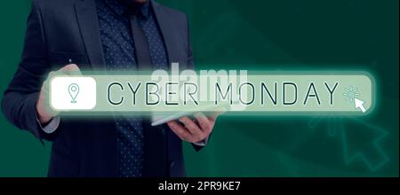 Testo che mostra l'ispirazione per il Cyber Monday. Approccio aziendale termine di marketing per lunedì dopo le festività del Ringraziamento negli Stati Uniti uomo con penna che punta sulla spilla digitale e indicazioni di localizzazione sulla mappa. Foto Stock