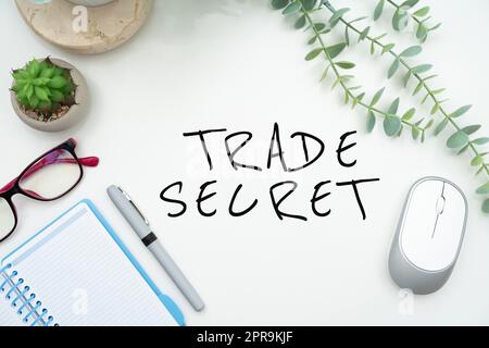 Testo che mostra Inspiration Trade Secret. Approccio aziendale informazioni riservate su un prodotto Proprietà intellettuale Flashy forniture scolastiche per ufficio, raccolte didattiche, strumenti di scrittura Foto Stock