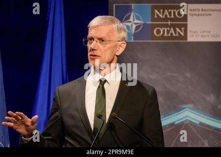 RIGA, LETTONIA. 26th aprile 2023. Krisjanis Karins, primo ministro della Lettonia, durante IL SIMPOSIO DI RESILIENZA della NATO 2023. Foto Stock