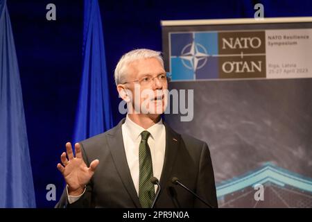 RIGA, LETTONIA. 26th aprile 2023. Krisjanis Karins, primo ministro della Lettonia, durante IL SIMPOSIO DI RESILIENZA della NATO 2023. Foto Stock