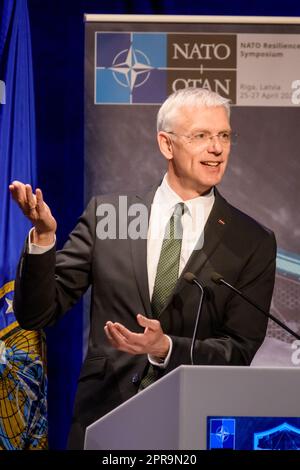 RIGA, LETTONIA. 26th aprile 2023. Krisjanis Karins, primo ministro della Lettonia, durante IL SIMPOSIO DI RESILIENZA della NATO 2023. Foto Stock