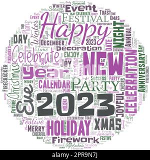 Nuvola di parole a forma di cerchio con parole Felice anno nuovo 2023. Felice anno nuovo Complimenti. Buon Natale a tutti all'inizio di gennaio Illustrazione Vettoriale