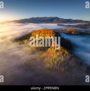 Vista aerea delle montagne in bassa nuvole all'alba d'estate Foto Stock