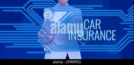 Didascalia di testo che presenta l'assicurazione auto. Business idea Incidents Coverage politica completa Motor Vehicle Guaranty uomo d'affari in tuta che regge un tablet che simboleggia il successo del lavoro di squadra. Foto Stock