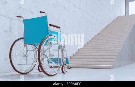 sedia a rotelle per disabili davanti a una lunga rampa di scale. 3d rendering Foto Stock