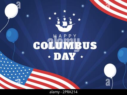 Felice Columbus Day National Holiday Hand Drawed Cartoon Illustrazione con onde blu, Bussola, nave e bandiere degli Stati Uniti in stile piatto sfondo Foto Stock