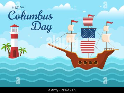 Felice Columbus Day National Holiday Hand Drawed Cartoon Illustrazione con onde blu, Bussola, nave e bandiere degli Stati Uniti in stile piatto sfondo Foto Stock