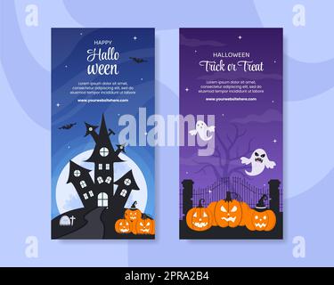 Halloween Night Party Banner modello verticale Cartoon disegnato a mano Flat Illustrazione Foto Stock