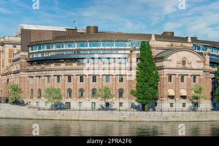 Riksdagshuset, il Parlamento svedese, situato sull'isola di Helgeandsholmen, Gamla Stan, Stoccolma, Svezia Foto Stock