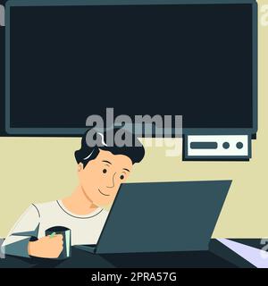 Man Holding Cup, guardando su Lap Top e presentando importanti notizie in TV dietro. Ragazzo che ha Mug in mano, fissando il computer e mostrando le informazioni Cruial. Illustrazione Vettoriale