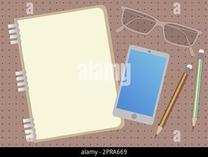 Disegno di un notebook con occhiali per dispositivi mobili due matite. Notepad Design accanto al telefono Occhiali da sole coppia di penne che mostrano tavolo organizzato. Illustrazione Vettoriale