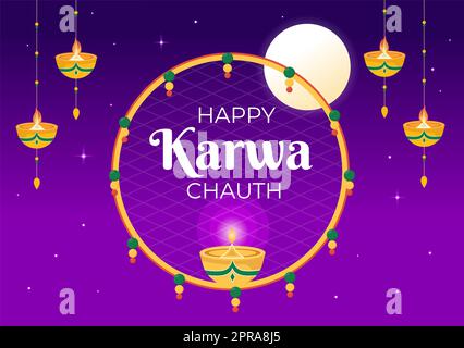 Karwa Chauth Festival Hand Drawed Flat Cartoon Illustrazione per iniziare la Luna Nuova vedendo la Luna nel mese di novembre dalle mogli per i loro mariti Foto Stock