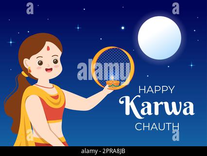 Karwa Chauth Festival Hand Drawed Flat Cartoon Illustrazione per iniziare la Luna Nuova vedendo la Luna nel mese di novembre dalle mogli per i loro mariti Foto Stock